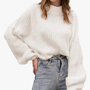 Simplee Women Oversized Cropped Sweater Lantern Long Sleeve Loose Knit Pullover